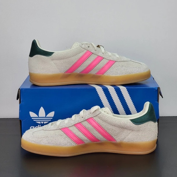 Women's Adidas Gazelle Indoor Shoes - Off White Beige Lucid Pink JQ1096 - Picture 2 of 12